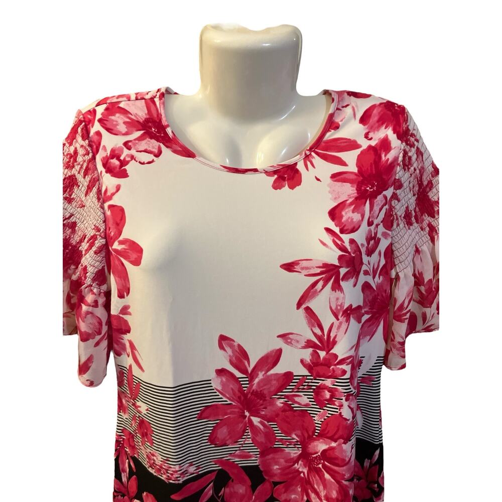 Calvin Klein Women's Pink/Blk/White Floral Striped Flutter Sleeve Bouse | Size M - Picture 5 of 11